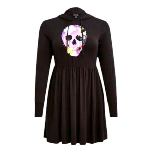 TORRID SUPER SOFT BLACK HOODED SKULL PRINT PLUS SIZE SKATER DRESS SIZE SIZE 2X - Picture 1 of 16
